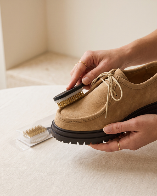 Brosse laiton pour daim Famaco en utilisation sur une chaussure André