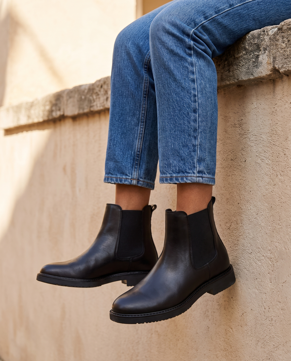 Boots BRUNETTE noires portées, cadrage jambes