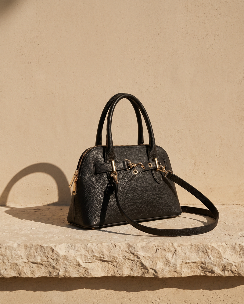 Sac CELIA noir Maison André posé sur une marche en pierre