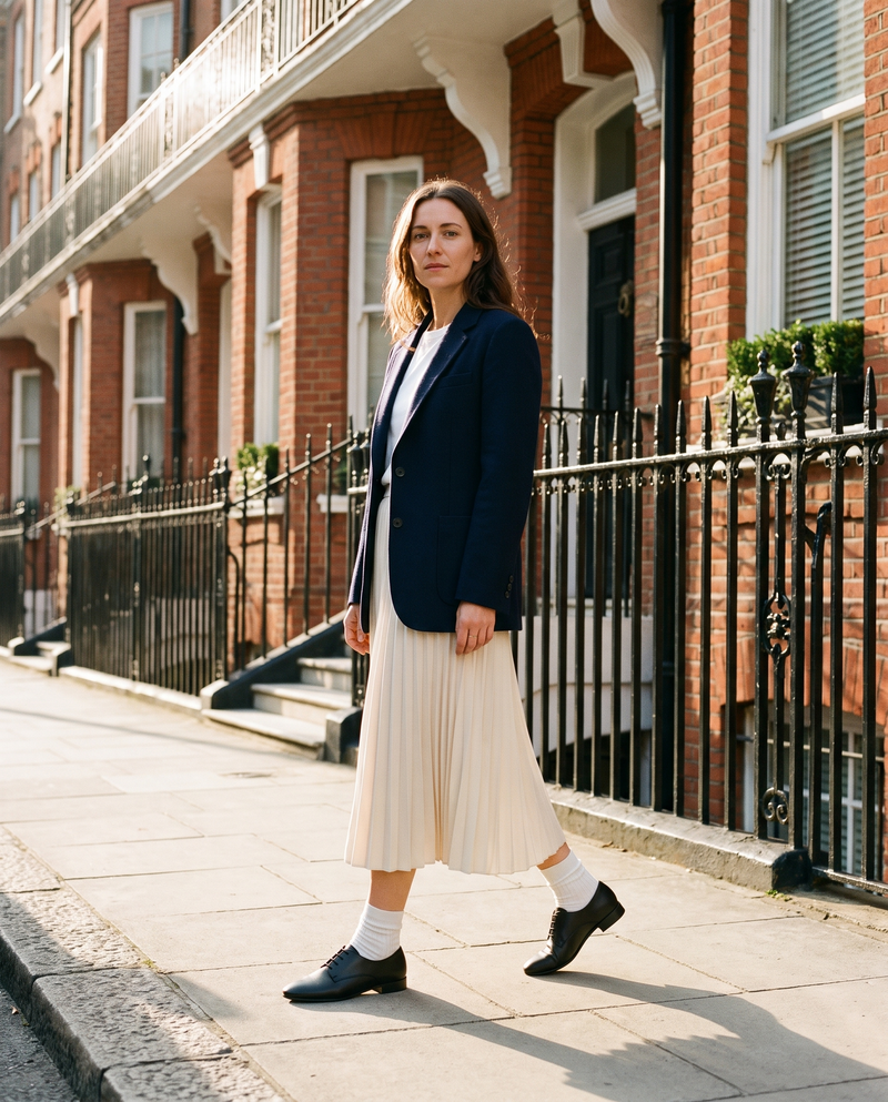 Derby COMPLICE noir porté, femme marchant dans une rue de Londres