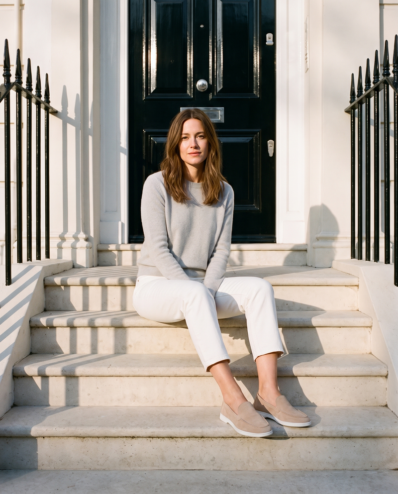 Mocassin CORA beige en daim porté, femme assise sur le perron d'une maison londonienne