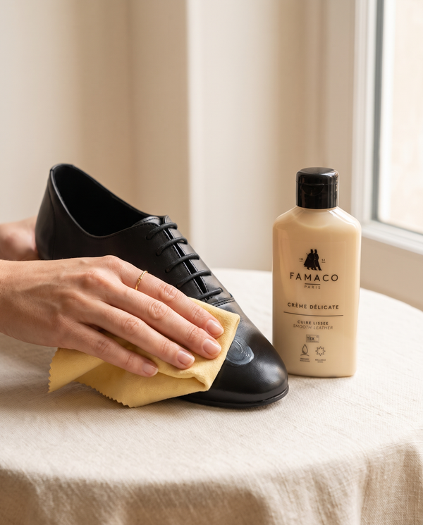 Crème Délicate Famaco en utilisation sur une chaussure André