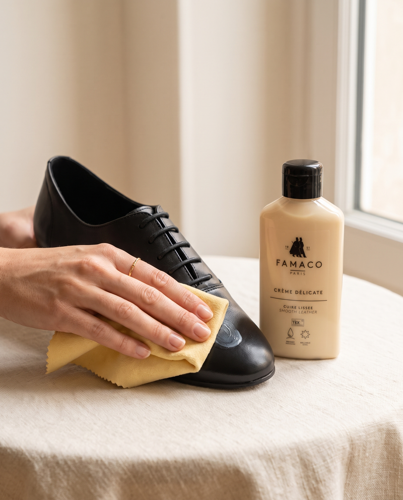 Crème Délicate Famaco en utilisation sur une chaussure André