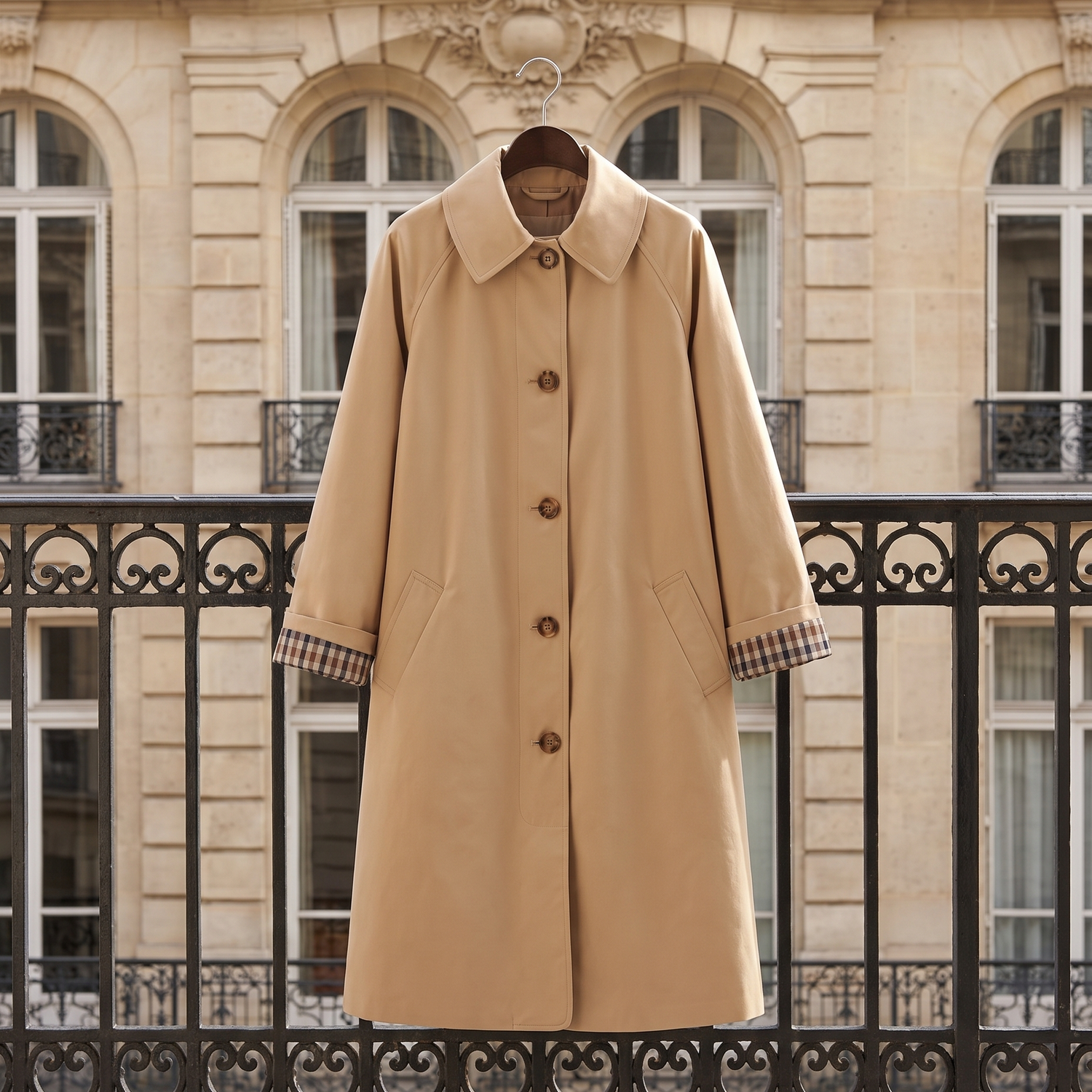Trench DALILA beige suspendu à une grille en fer, rue haussmannienne
