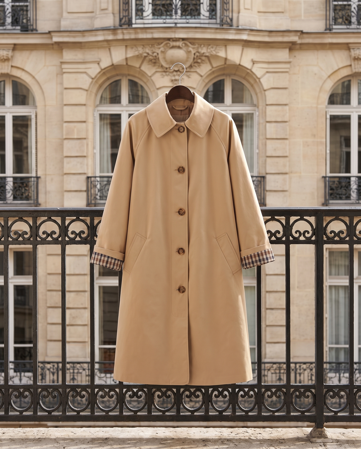 Trench DALILA beige suspendu à une grille en fer, rue haussmannienne