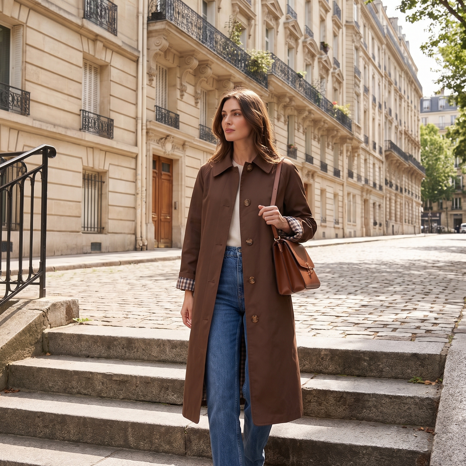 Trench DALILA marron porté, rue haussmannienne