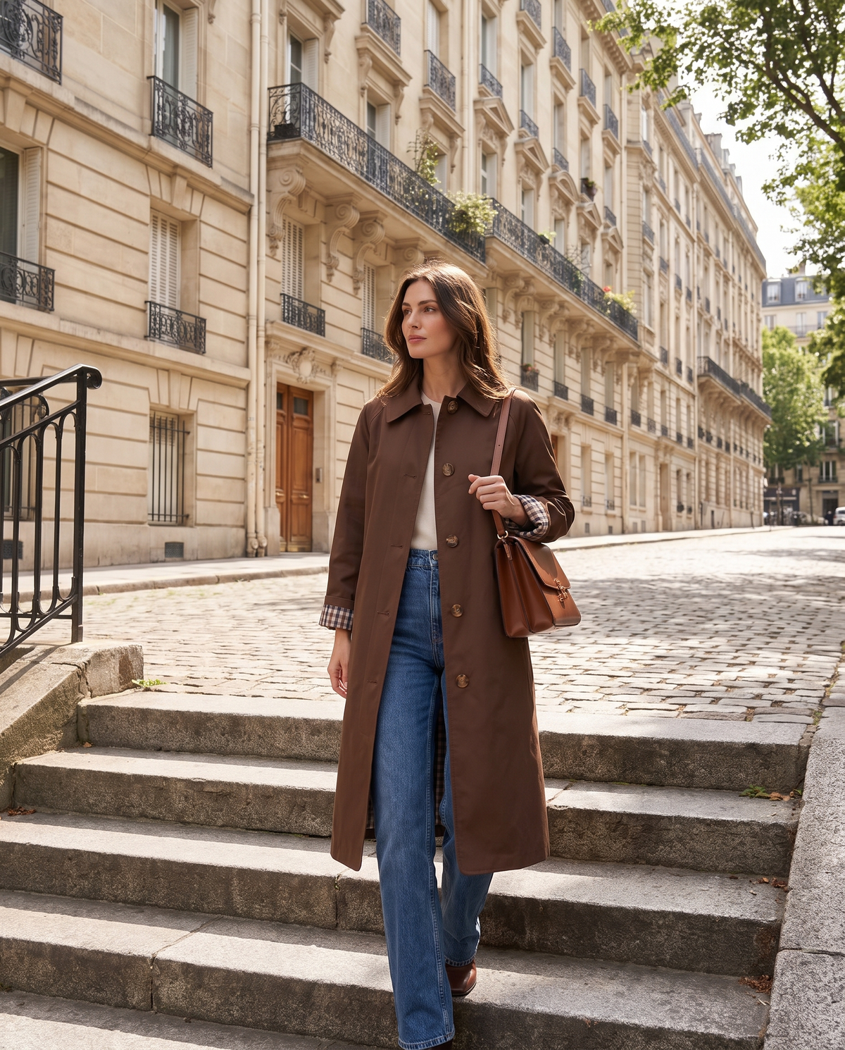 Trench DALILA marron porté, rue haussmannienne