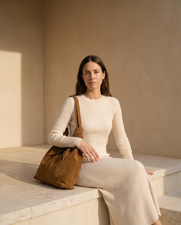 Sac DAUPHINE camel suède Maison André posé sur les genoux