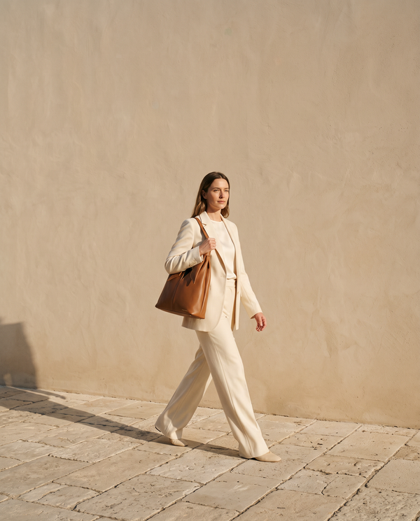 Sac DAUPHINE cognac Maison André porté à l'épaule
