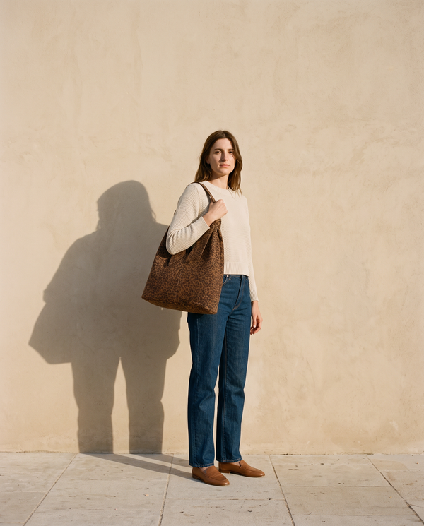 Sac DAUPHINE léopard suède Maison André porté à l'épaule