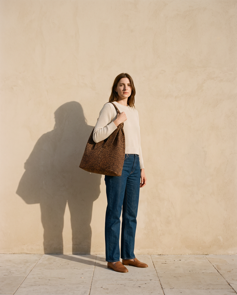 Sac DAUPHINE léopard suède Maison André porté à l'épaule