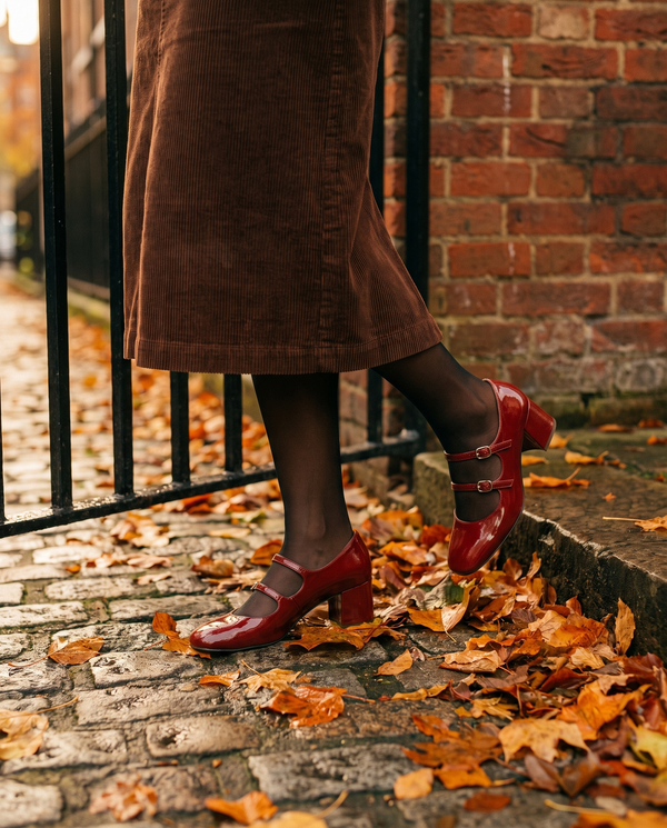 Escarpin DORIS bordeaux porté, gros plan dans une rue londonienne en automne