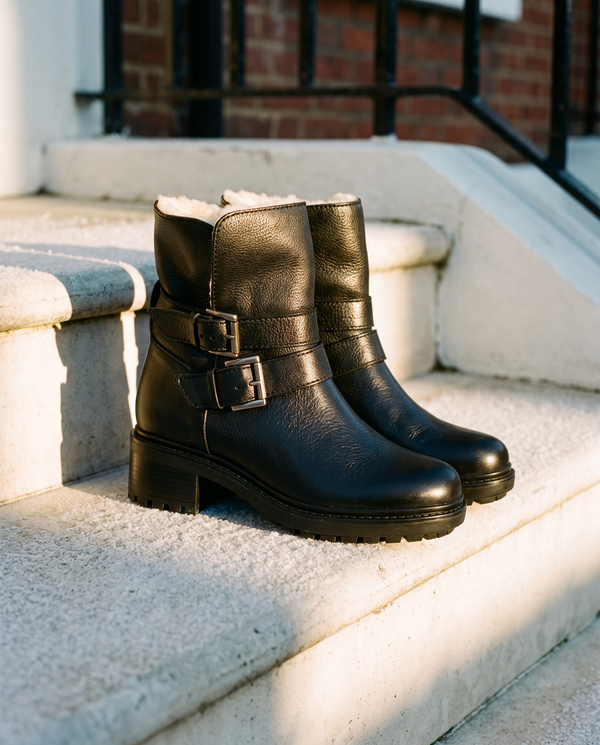 Boots fourrées DOUILLETTE noires posées sur le perron d'une maison londonienne