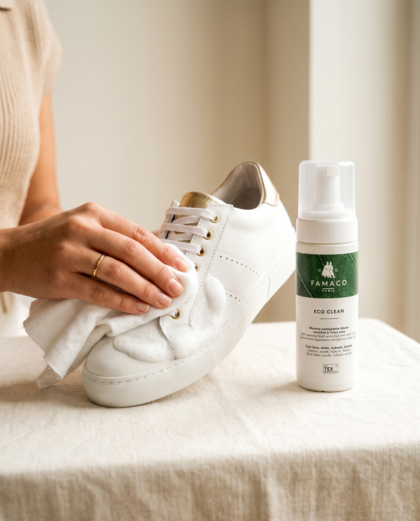Mousse nettoyante Eco Clean Famaco en utilisation sur une chaussure André