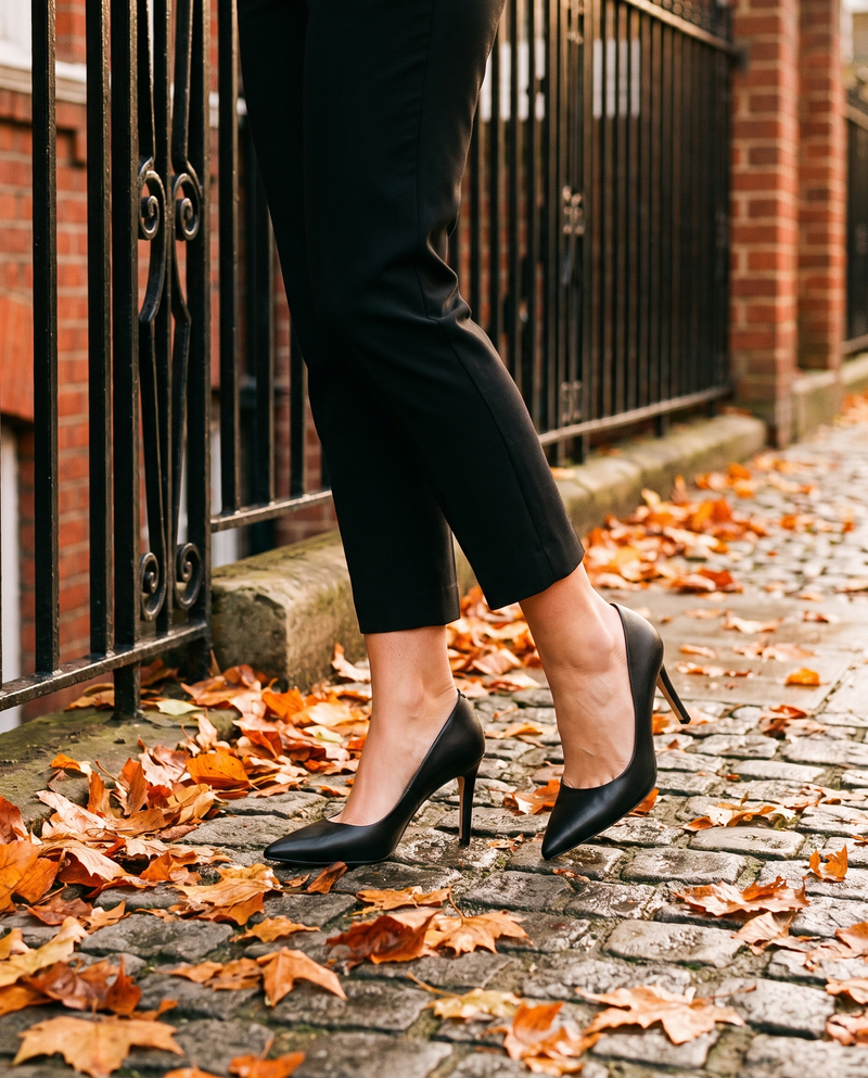 Escarpin ENIVRANTE noir porté, gros plan dans une rue londonienne en automne