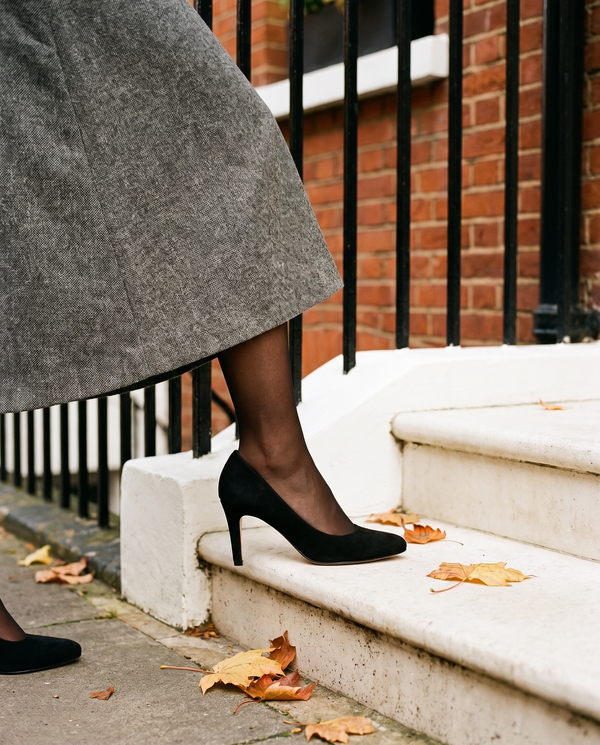 Escarpin EXTASE noir porté, gros plan dans une rue londonienne en automne