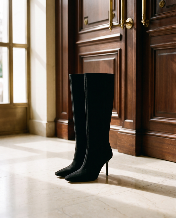 Paire de bottes FANETTE noires posée sur un sol en marbre d'hôtel — Stephan x Maison André