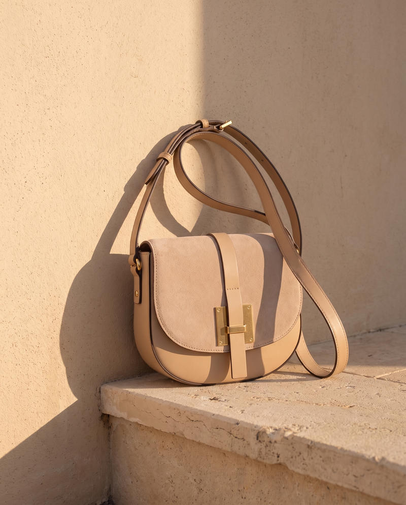 Sac GISELLE nude Maison André posé sur une marche en pierre