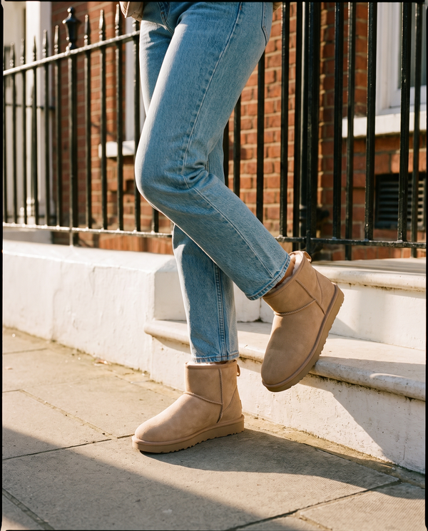 Boots fourrées ICECREAM beige portées, gros plan dans une rue londonienne