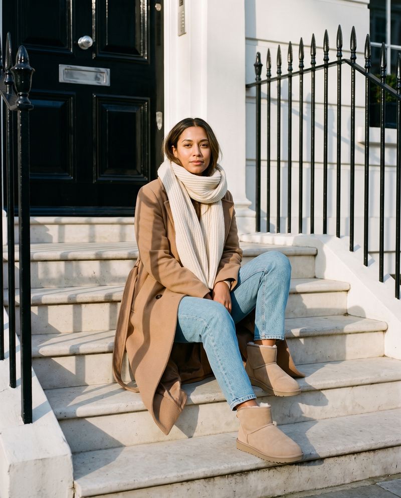 Boots fourrées ICECREAM beige portées, femme assise sur le perron d'une maison londonienne