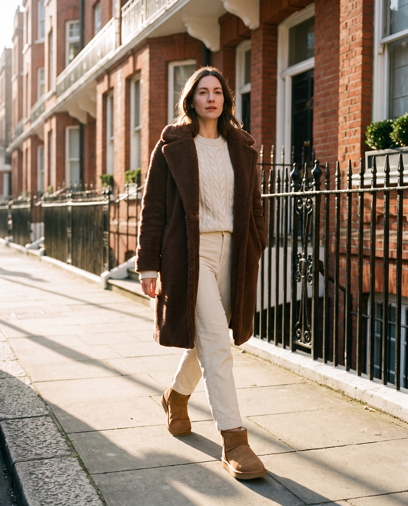 Boots fourrées ICEFALL camel portées, femme marchant dans une rue de Londres