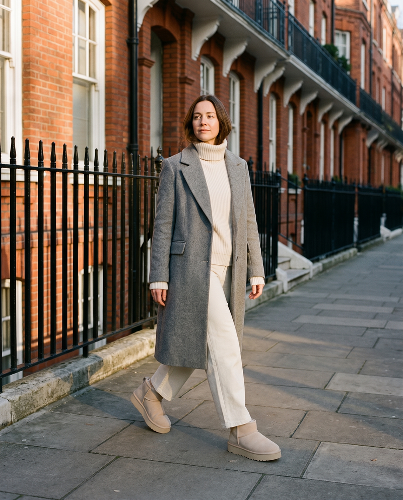 Boots fourrées ICY beige portées, femme marchant dans une rue de Londres