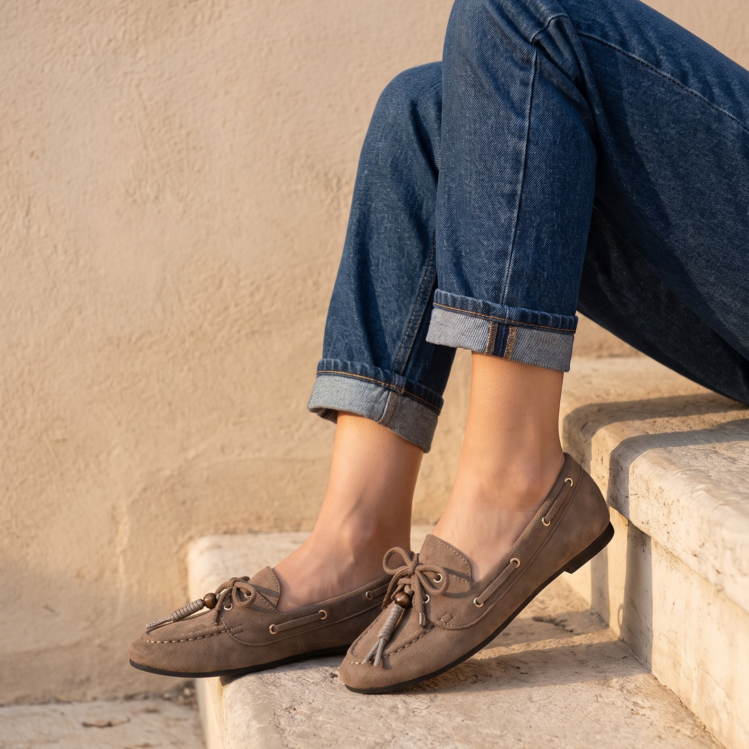 Derby ILONA taupe portée, assise sur une marche en pierre