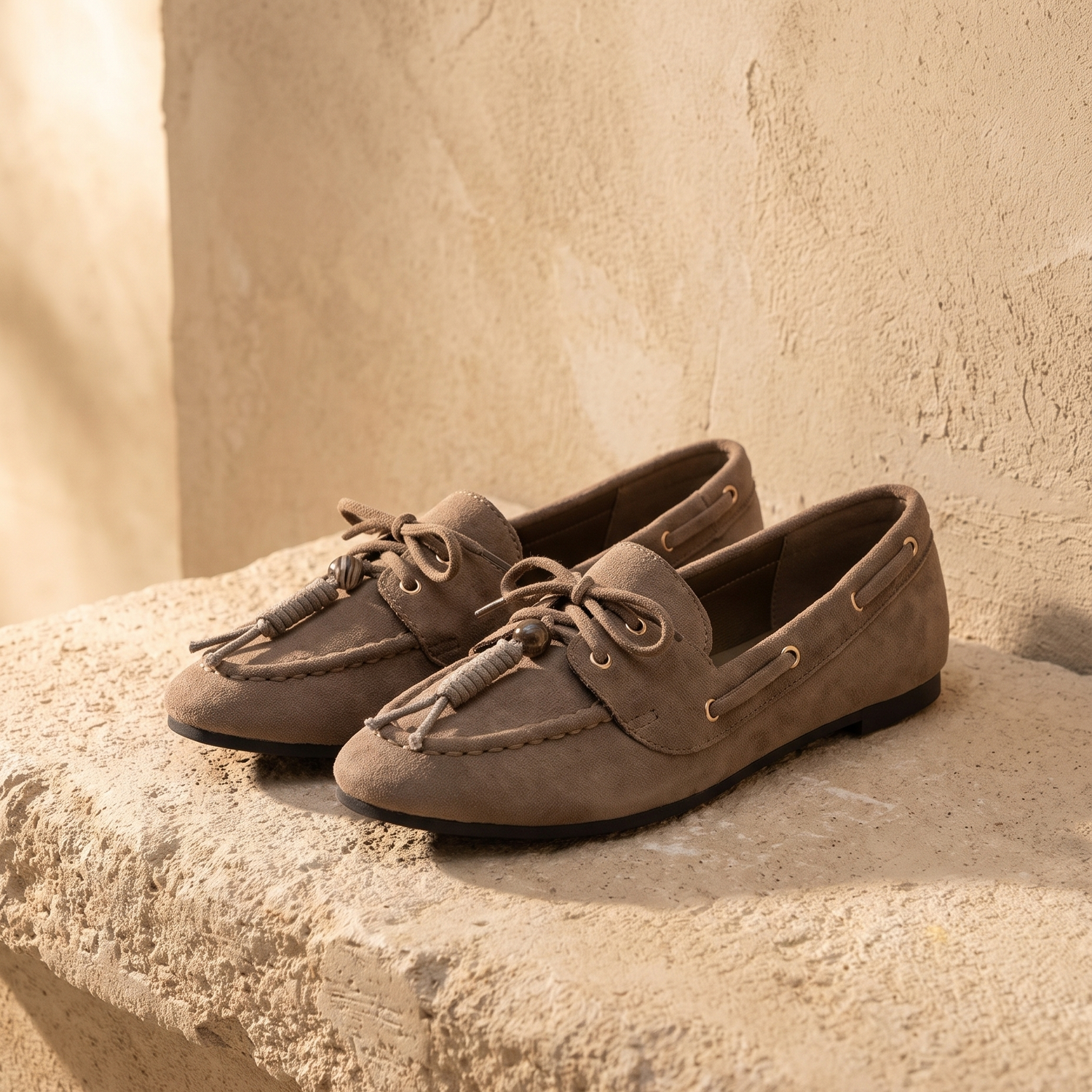 Derby ILONA taupe posée sur une marche en pierre, mur enduit beige