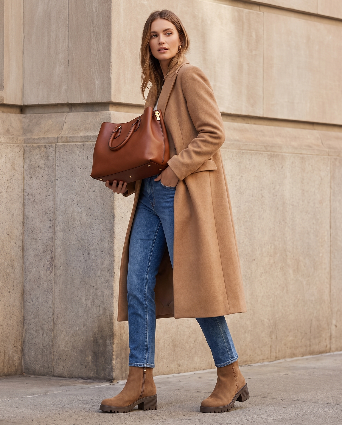Bottine ISOLINE camel portée avec sac, silhouette en pied
