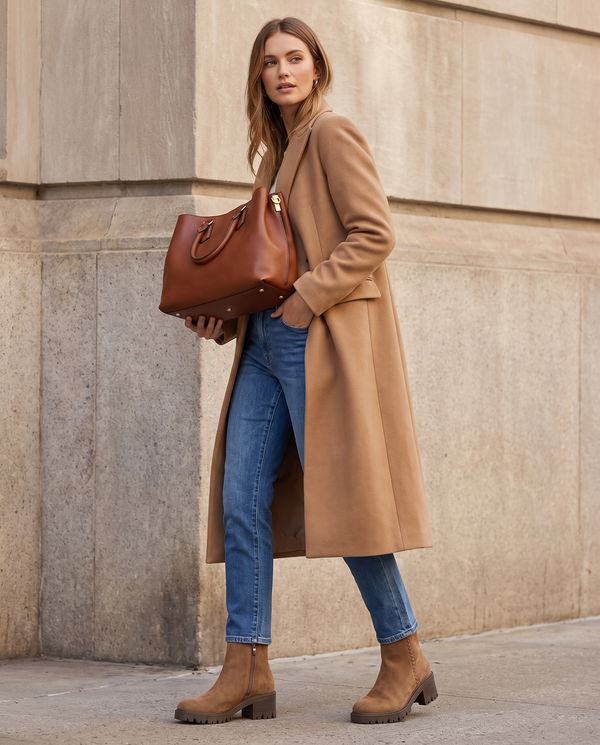 Bottine ISOLINE camel portée avec sac, silhouette en pied