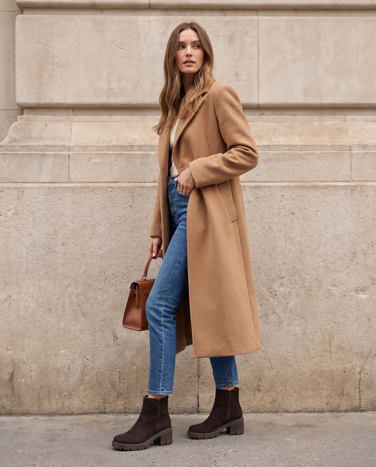 Bottine ISOLINE marron portée avec sac, silhouette en pied
