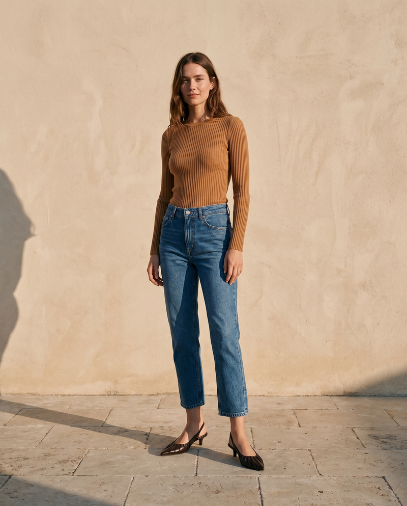 Slingbacks JADE marron portés avec un jean cropé sur une terrasse en pierre — A by André