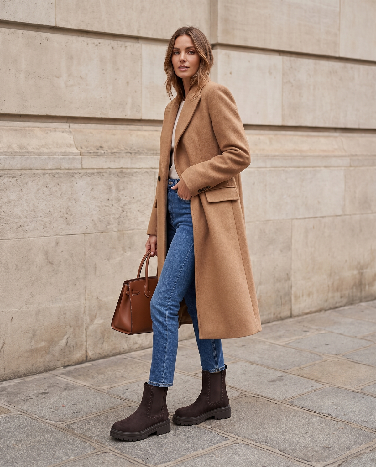Bottine KAYLA marron portée avec sac, silhouette en pied