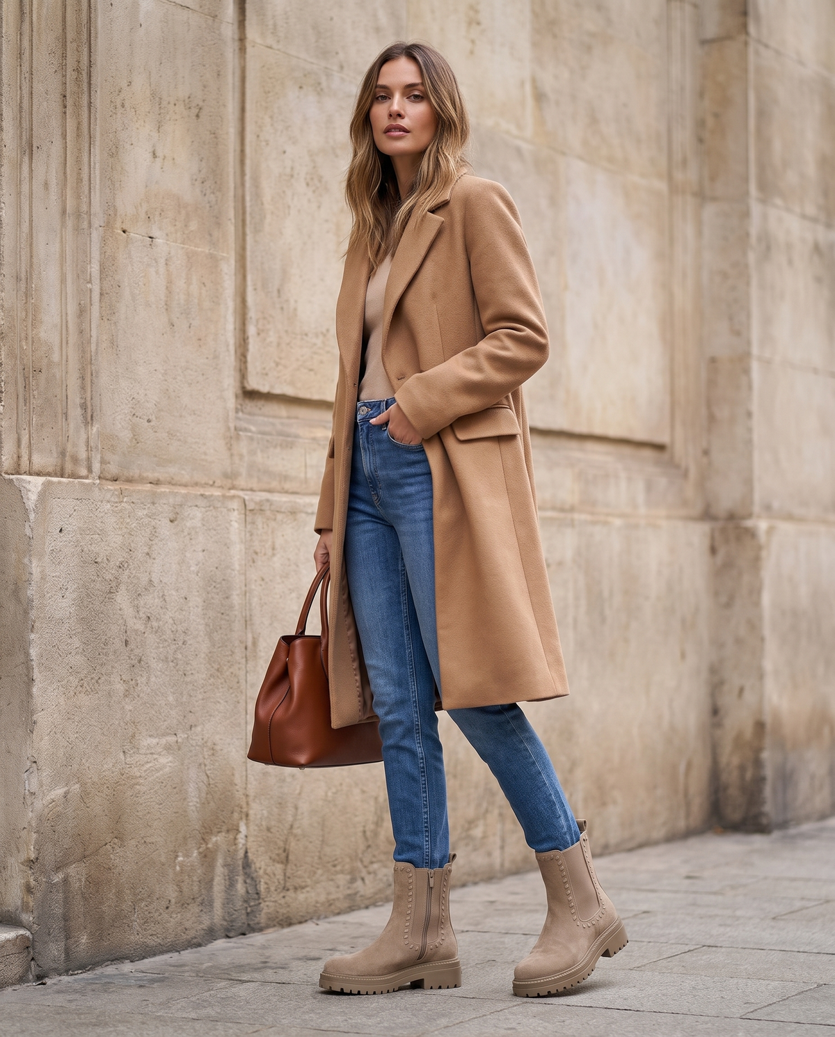Bottine KAYLA taupe portée avec sac, silhouette en pied
