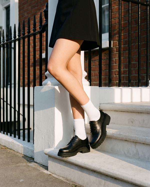 Derby KEICY noir porté, gros plan, un pied posé sur la marche d'une maison londonienne