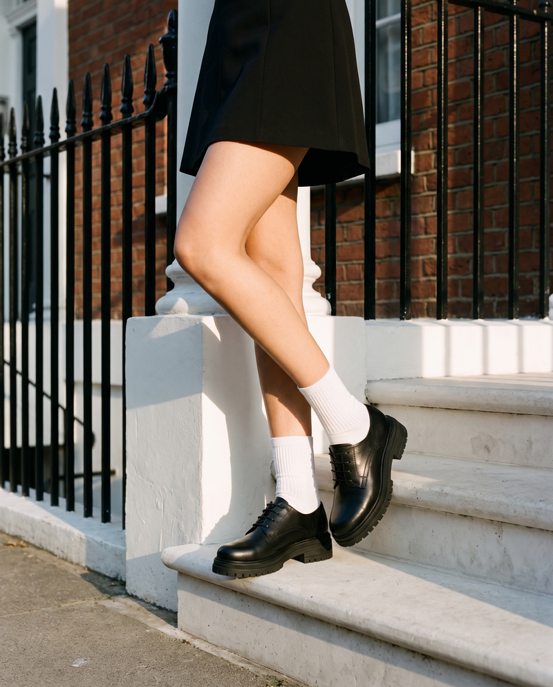 Derby KEICY noir porté, gros plan, un pied posé sur la marche d'une maison londonienne