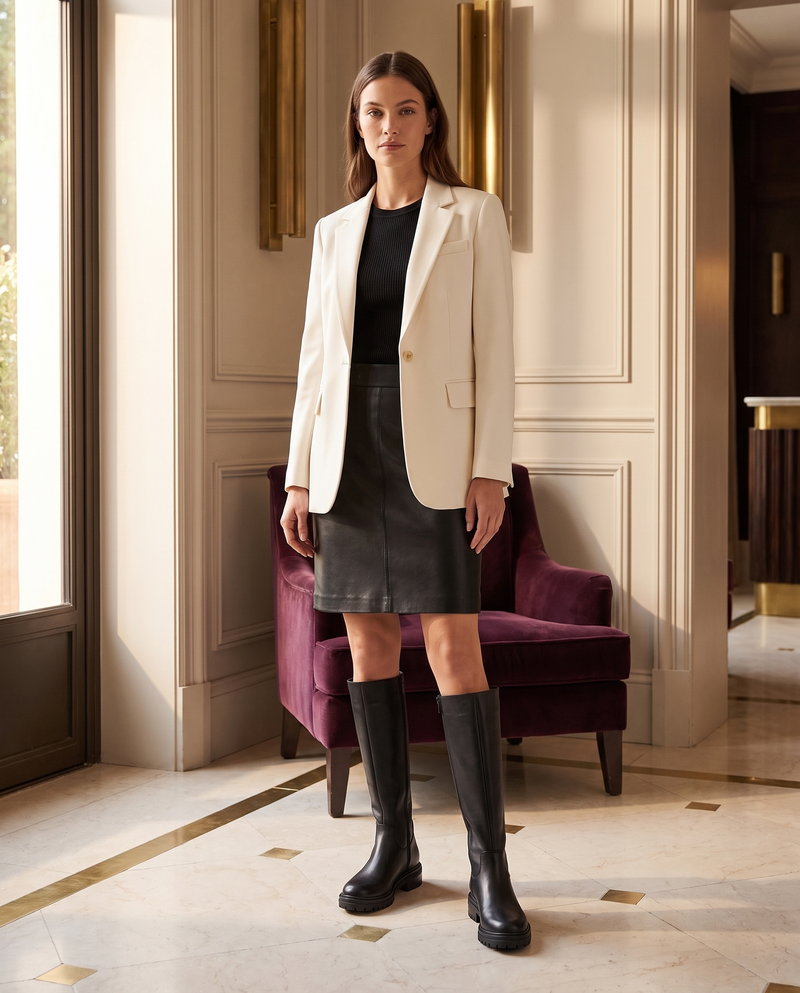 Botte LALIE noire portée avec un blazer écru dans un lobby d'hôtel — André