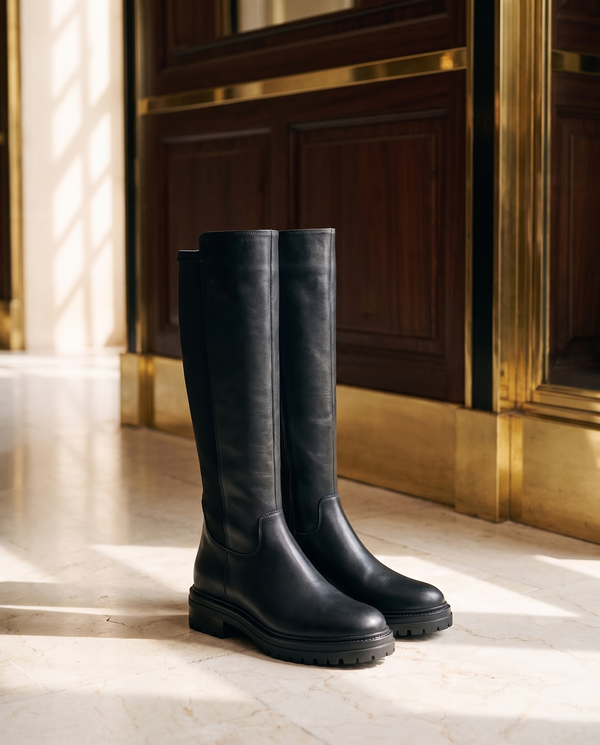 Paire de bottes LALIE noires posée sur un sol en marbre d'hôtel — André