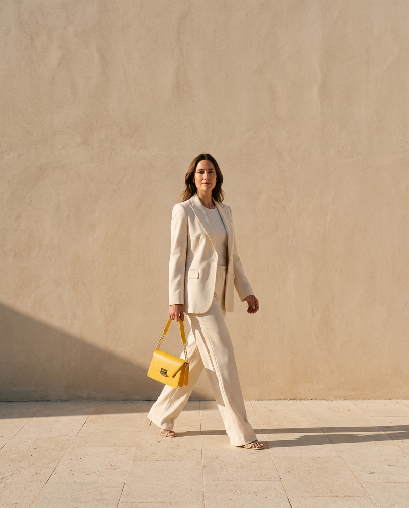 Sac LEIA jaune doré Maison André porté à la main