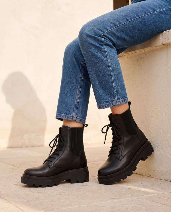 Boots LEONORA noires portées, cadrage jambes