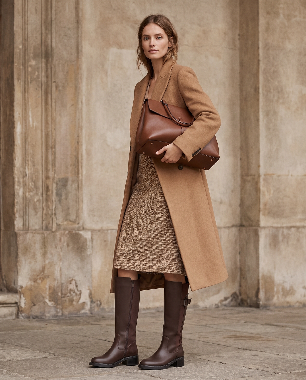 Botte LOANA marron portée avec sac, silhouette en pied