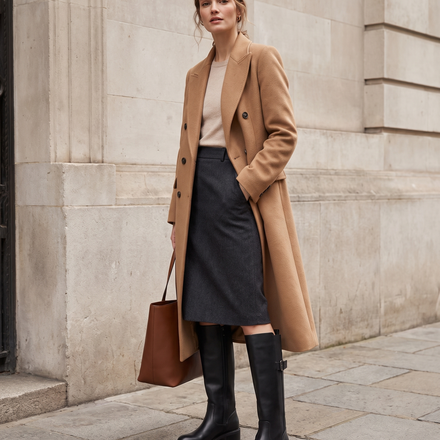 Botte LOANA noir portée avec sac, silhouette en pied