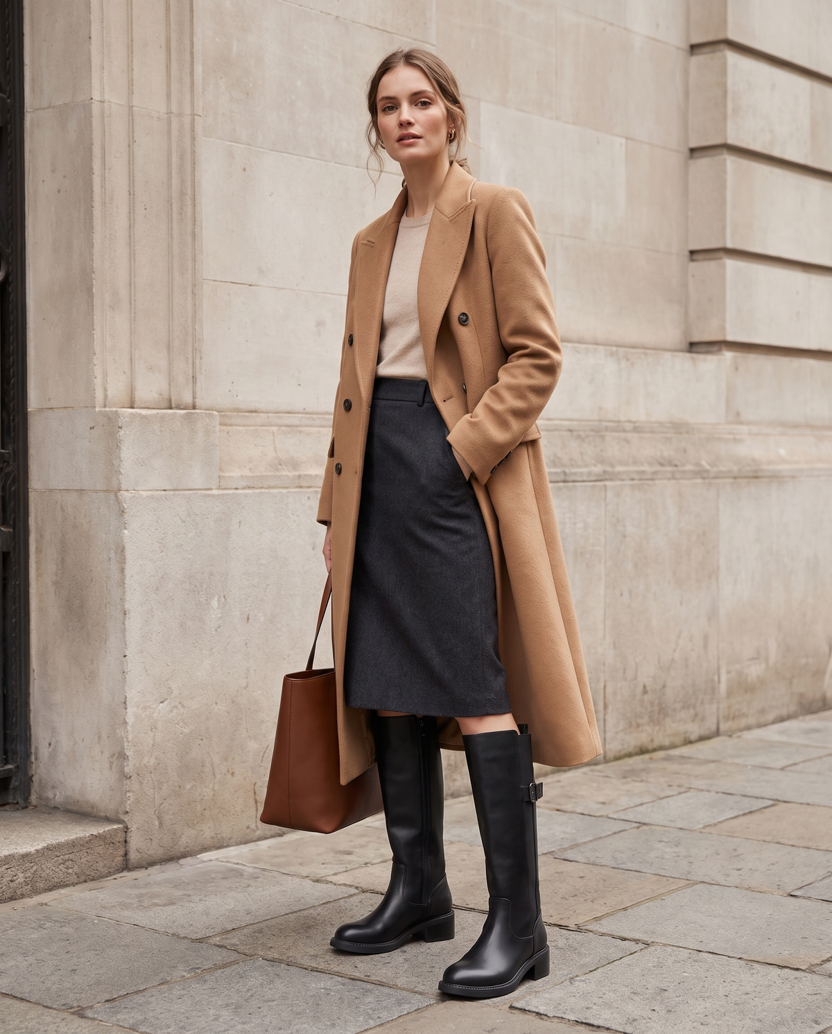 Botte LOANA noir portée avec sac, silhouette en pied