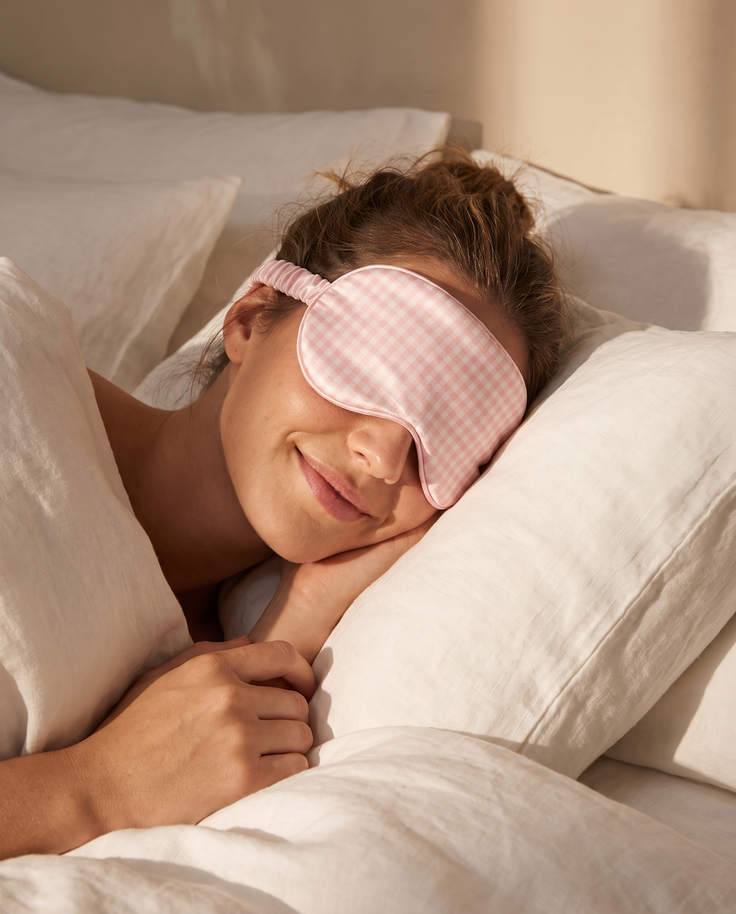Masque de nuit en soie Ysia rose vichy porté, allongée sur un lit en lin