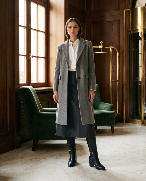 Botte MIGHTY portée avec un manteau gris dans un lobby d'hôtel — André