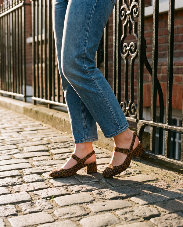 Slingback MONA léopard portée, gros plan, sur les pavés d'une rue londonienne