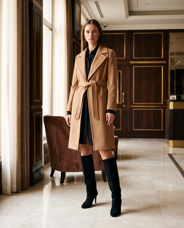 Botte NAWEL noire portée avec un manteau camel dans un lobby d'hôtel — Stephan x Maison André