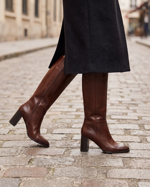 Botte NORAH marron portée, gros plan jambes sur pavé