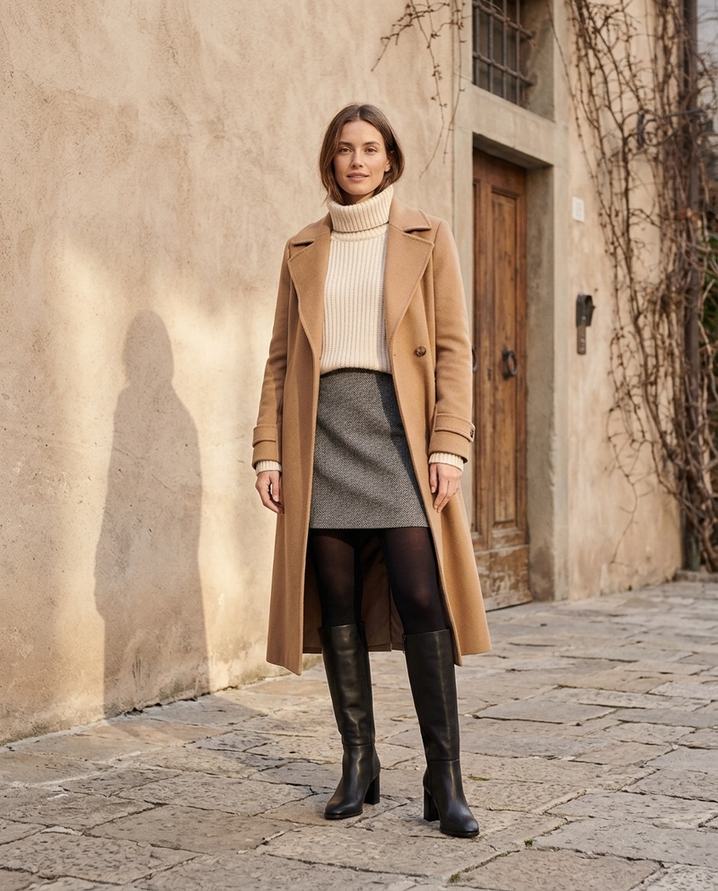 Botte NORAH noire portée avec jupe en tweed, collants opaques et manteau camel