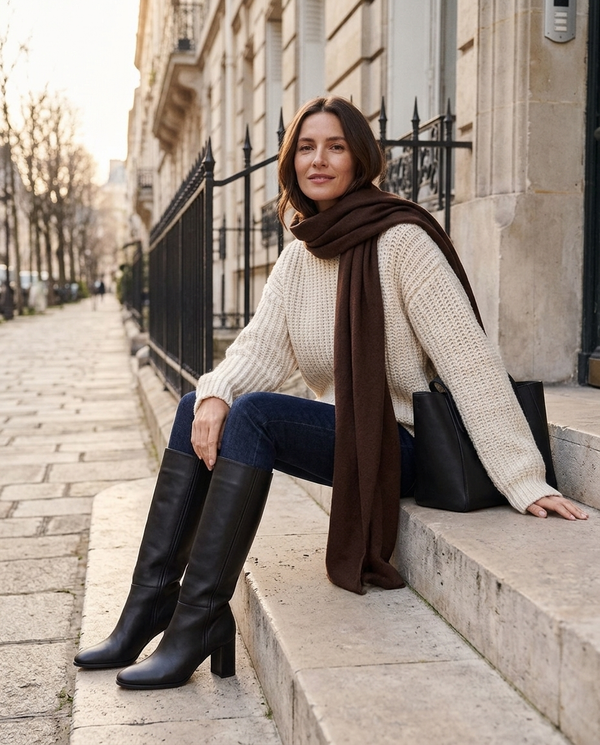 Bottes NORAH noires portées avec un jean brut et un pull écru dans une rue parisienne